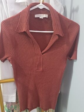 LOFT Collared Ribbed Short-Sleeve Top in Rusty Terracotta